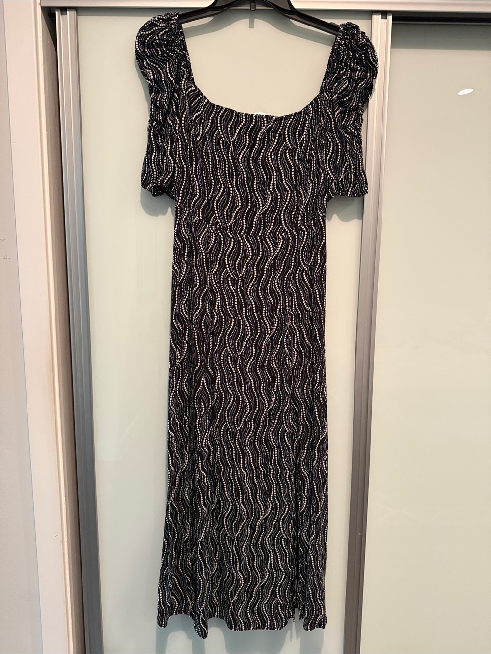 Black Wave-Print Square Neck Midi Dress